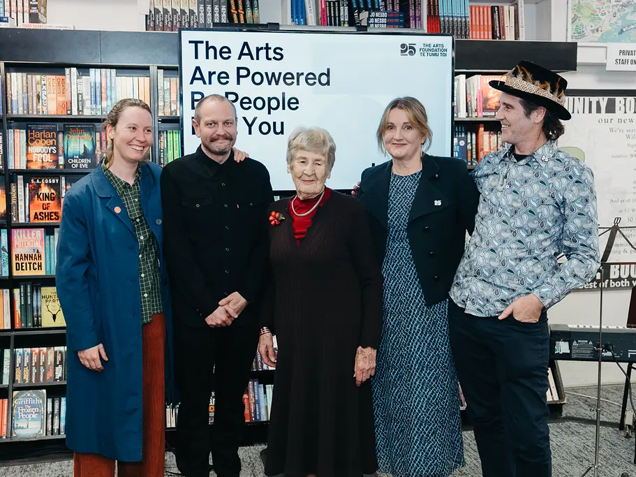 Ann Mallinson (centre) with the 2025 Mallinson Rendel Illustrator’s Award recipient Josh Morgan (second from left), 2023 recipient Giselle Clarkson, 2019 recipient Ruth Paul and 2017 recipient Donovan Bixley.